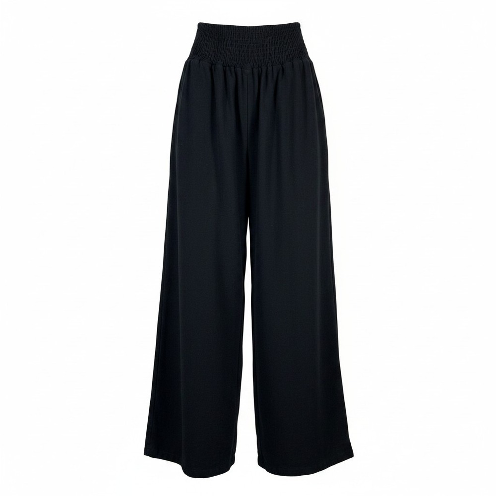 UEU Womens Black Linen Blend Smocked Waist Wide Leg Relaxed Crop Pants Size M